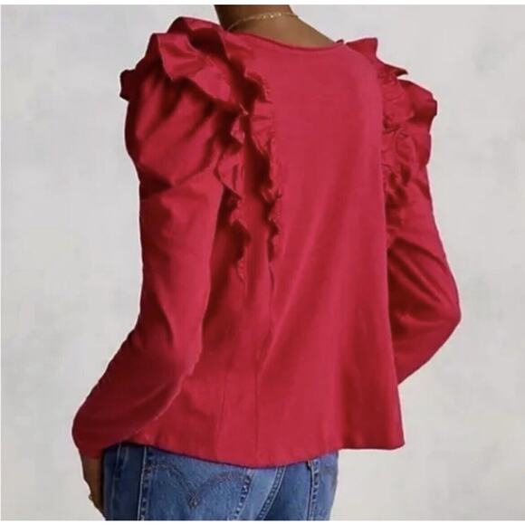 Anthropologie Ruffle V-Neck Long Sleeve Top Womens XS Pink Fuchsia Edwardian - Picture 2 of 11